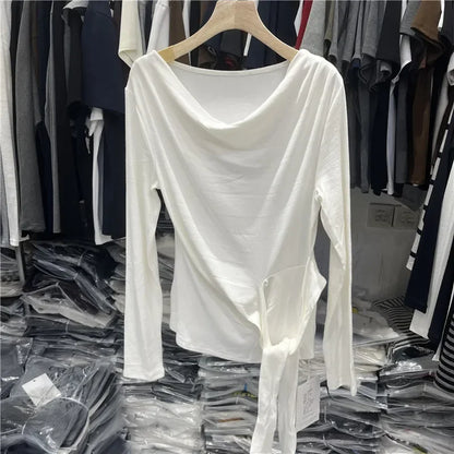 Women's Long Sleeve Striped T-Shirt Shoulder Baring Side Tie Base Shirt Versatile Autumn Fashion Design Cotton Top.