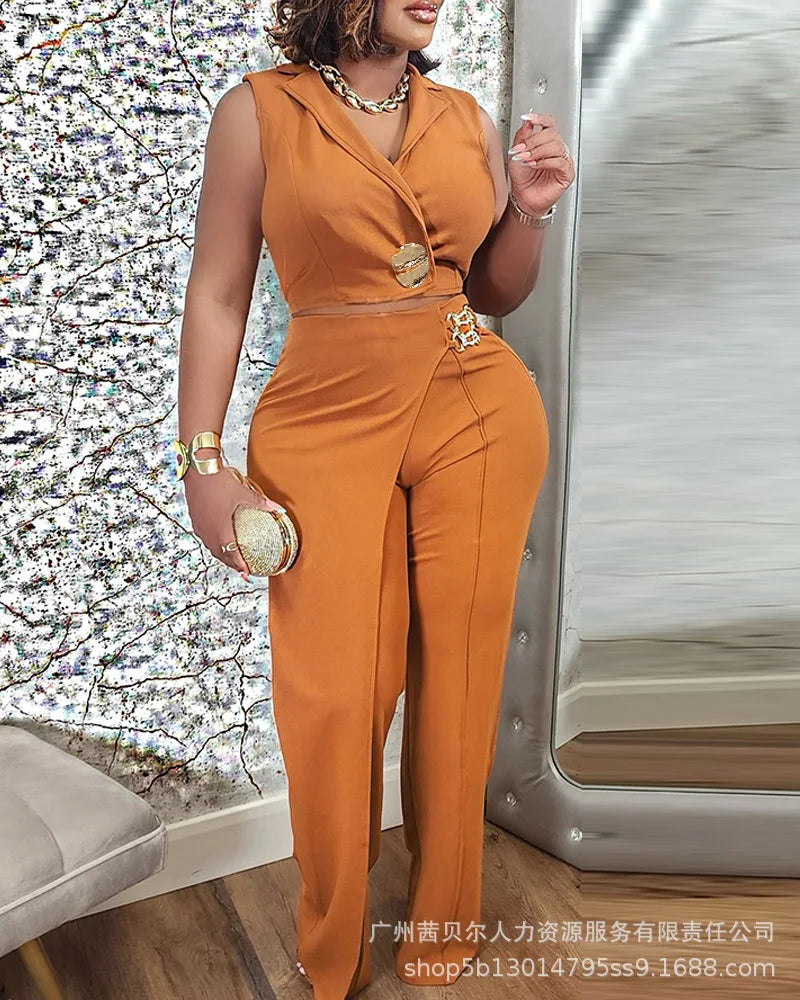 Two Pieces Women Pant Sets Casual Matching Sets Spliced Sleeveless Turn Down Collar Top Empire Waist Wide Leg Pant 2025 Autumn.