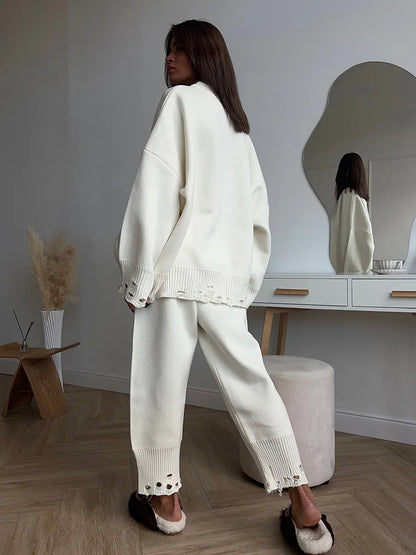 Bornladies Autumn Winter Women's New Turtleneck Knit Sweater Skinny Knit Pants Set Soft Oversized Ripped Hem Fashion Pullover.