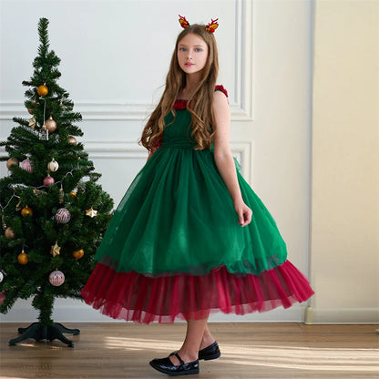 Mädchen Rot Grün Weihnachten Ballkleid Kinder Hochzeit Ball Party Abendkleid Prinzessin Vestido Kinder Karneval Leistung Kleidung.