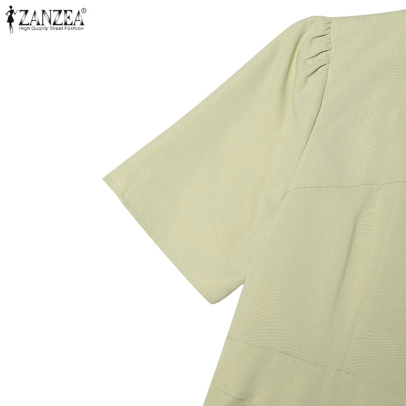 ZANZEA Elegante Büro Frauen Kleider Sommer Stilvolle Solide Party Arbeit Kleid Mode Kurzarm Plissee Vestidos Midi Sommerkleid