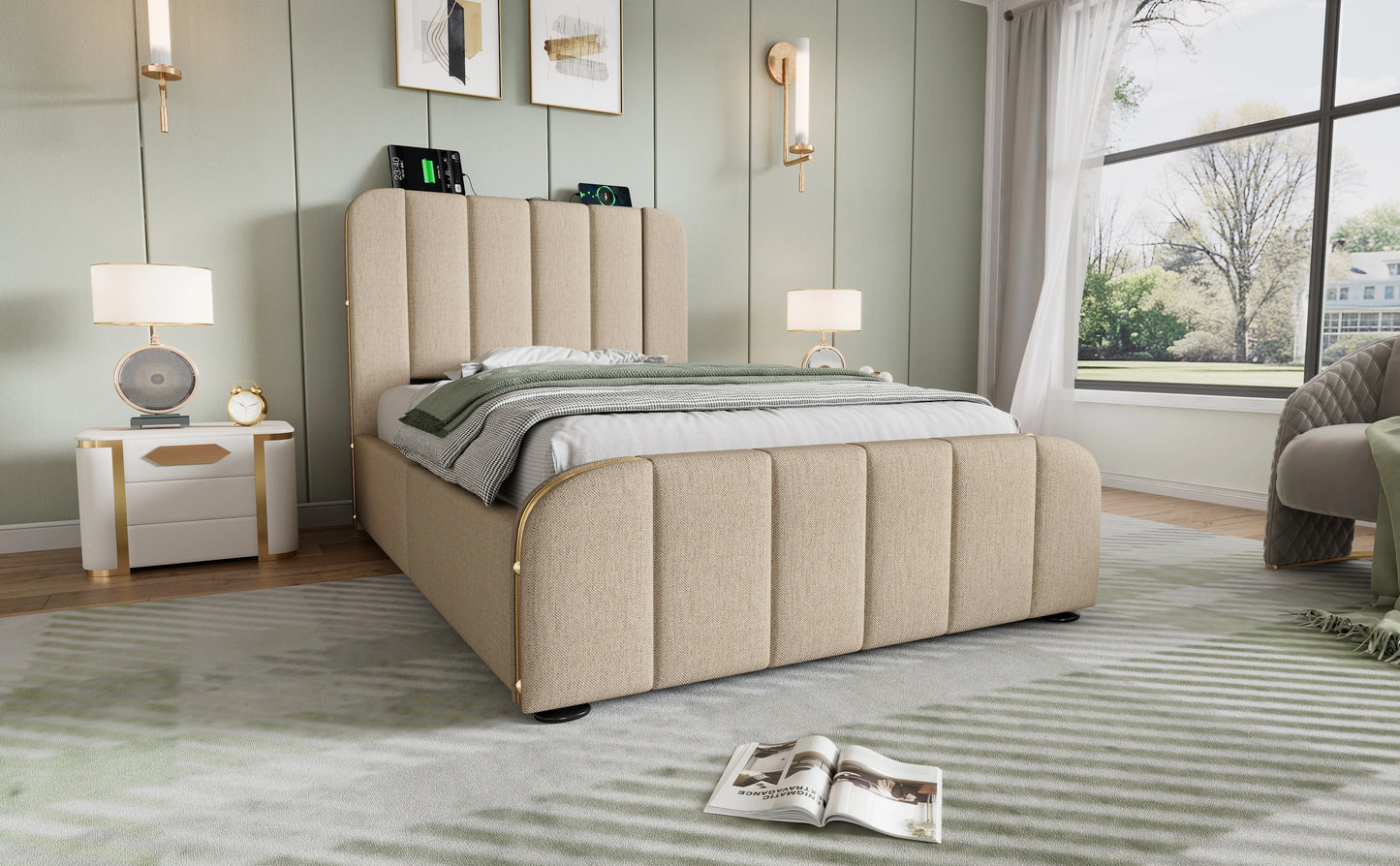 90*200 cm Flachbett, Rahmenbett, Polsterbett Einzelbett, mit gepolstertem Kopfteil, hydraulisches Stauraumbett (mit Matratze)