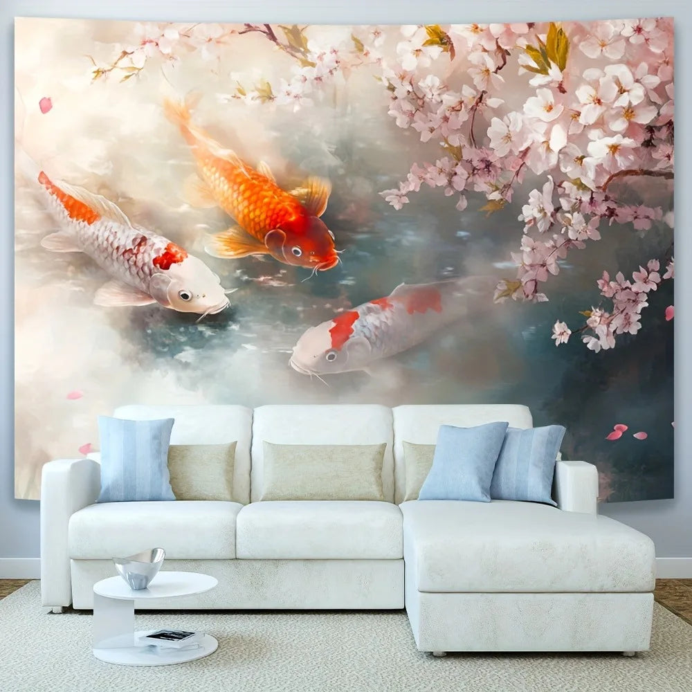 Pink Cherry Blossom & Moon Tapestry - Japanese Landscape Wall Decor for Living Room & Bedroom.