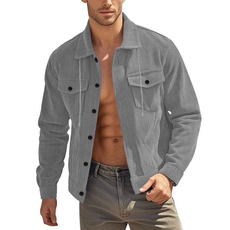 Men's Corduroy Jacket Stand-up Collar Slim Fit Retro Multi-pocket Workwear Commuter Coat for Spring And Autumn
