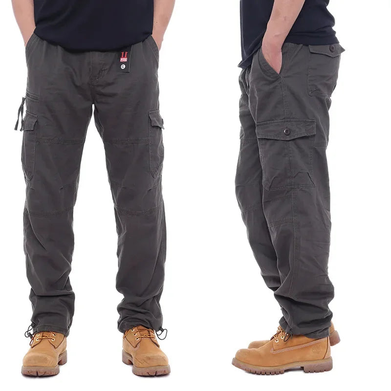 2025 Men's Casual Elastic Waist Plus Size Cargo Pants Multiple Pockets Loose Fit Trousers For Construction Site.