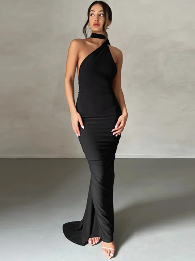 Mozision Schräge Schulter Backless Maxi Kleid Für Frauen Kleid Sommer Zurück Strap Ärmellose Geraffte Party Sexy Langes Kleid Vestidos.