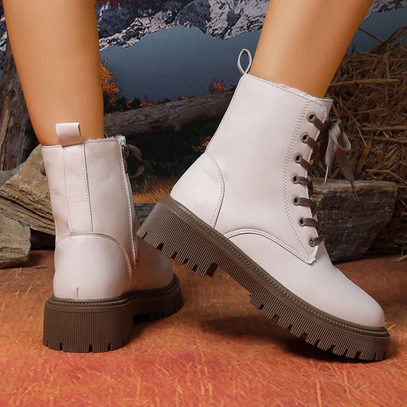 Autumn Winter Short Plush Ankle Boots Women Fashion Lace Up Pu Leather Platform Boots Woman Thick Sole Motorcycle Botas Mujer 42.