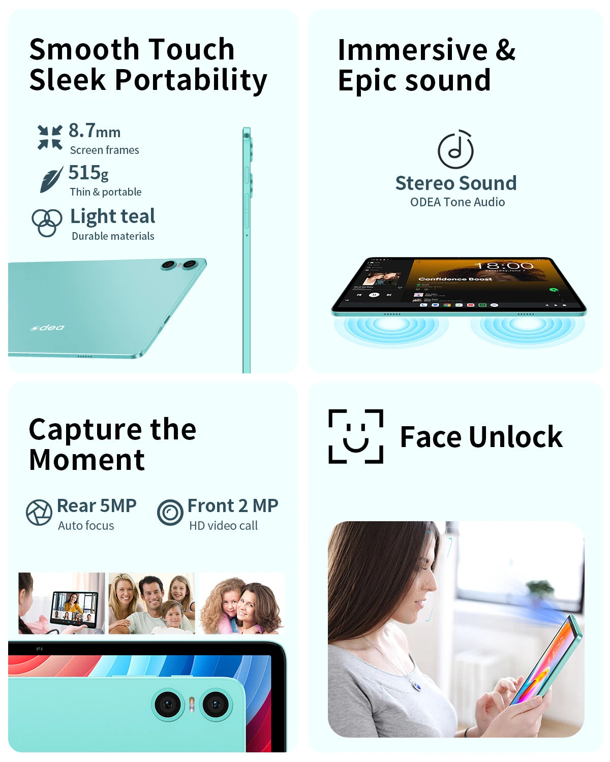 Odea A10 Tablet 10.1" IPS Android 14 T606 Octa-core Max 12GB(4GB+8GB) RAM 128GB ROM Type-C Widevine L1 Earphone Jack Face Unlock.