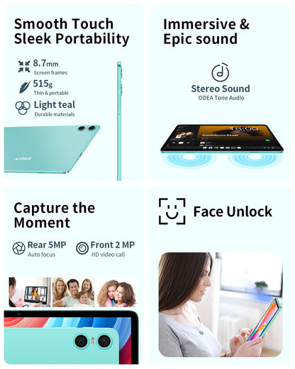 Odea A10 Tablet 10.1" IPS Android 14 T606 Octa-core Max 12GB(4GB+8GB) RAM 128GB ROM Type-C Widevine L1 Earphone Jack Face Unlock.