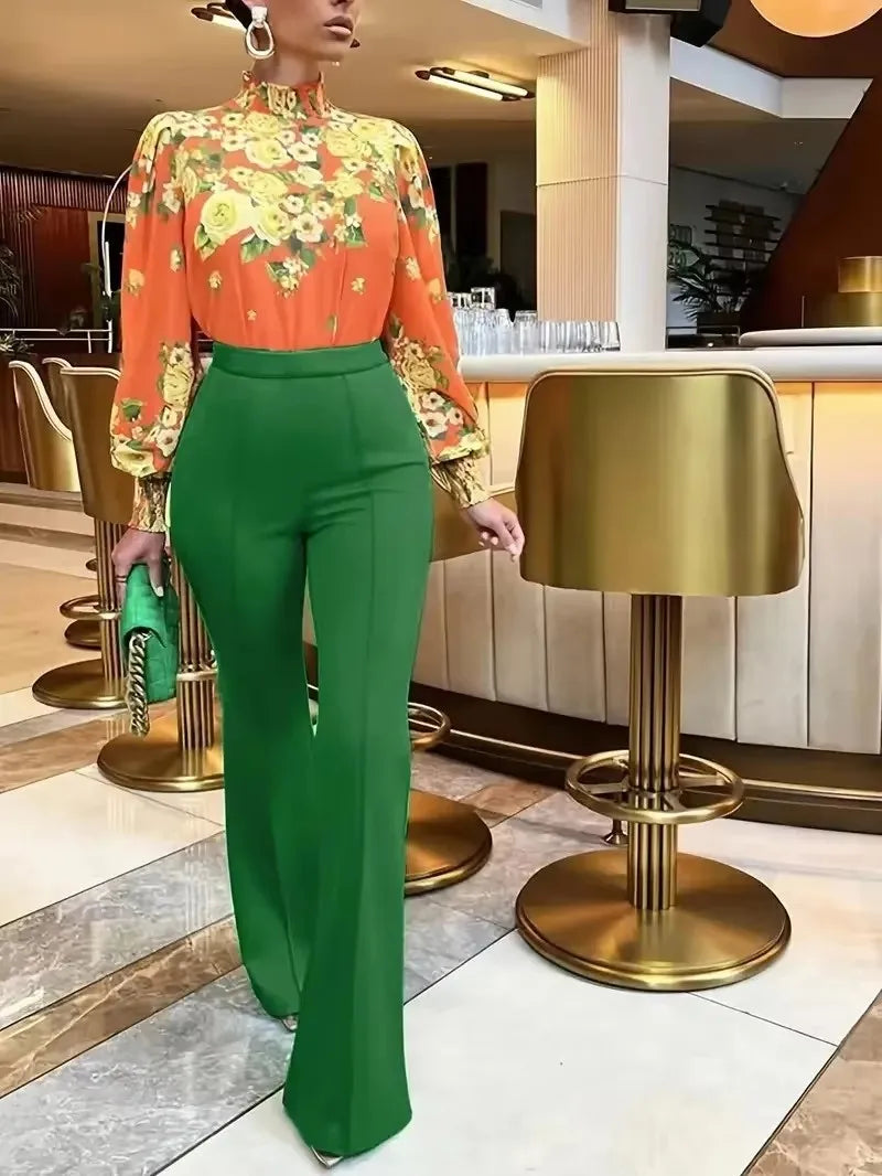 Ladies' slim fit versatile bell bottom pants for spring and autumn office solid color high waisted wide leg pants.