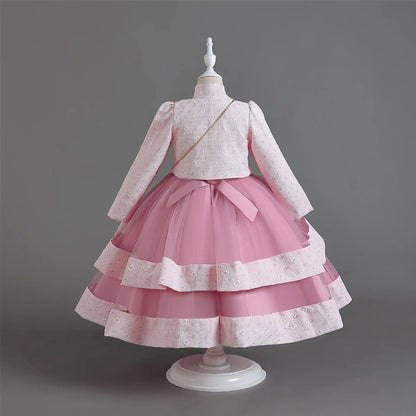 Neues Herbst/Winter Langarm-Partykleid, elegantes Mädchen-Stickerei, Weihnachts-Performance-Kleid, Geschenktüte für Kinder im Alter von 3–11 Jahren