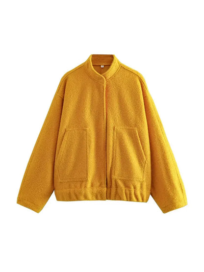 TRZA Frauen Mode Mit Taschen Übergroßen Bomber Jacke Mantel Vintage Langarm Druckknopf Weibliche Oberbekleidung Chic Tops