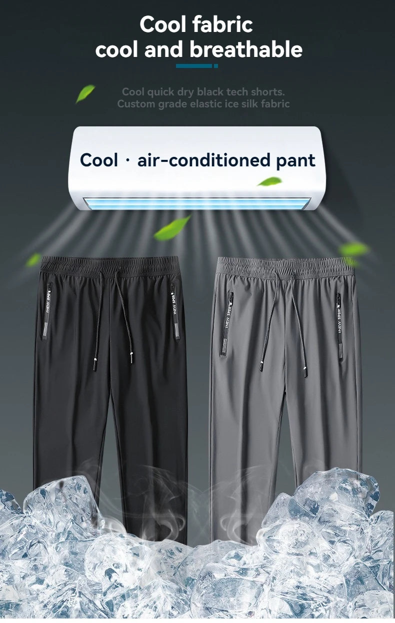 Men Summer Thin Ice Silk Pants Loose Style Workwear Casual Quick Dry Sports Pants Long Breathable High Elasticity.