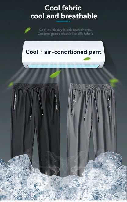 Men Summer Thin Ice Silk Pants Loose Style Workwear Casual Quick Dry Sports Pants Long Breathable High Elasticity.