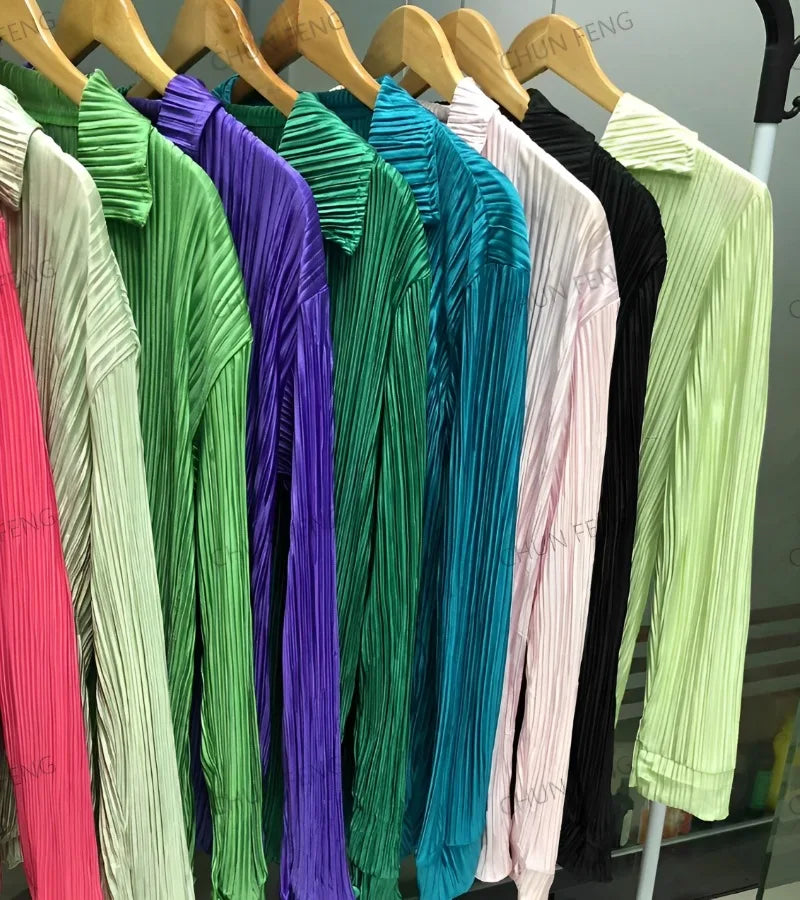 2024 Spring Autumn Women's New Solid Color Button Shirt Long Sleeve Drop Feel Loose Soft Wrinkle Casual Two Piece Set.