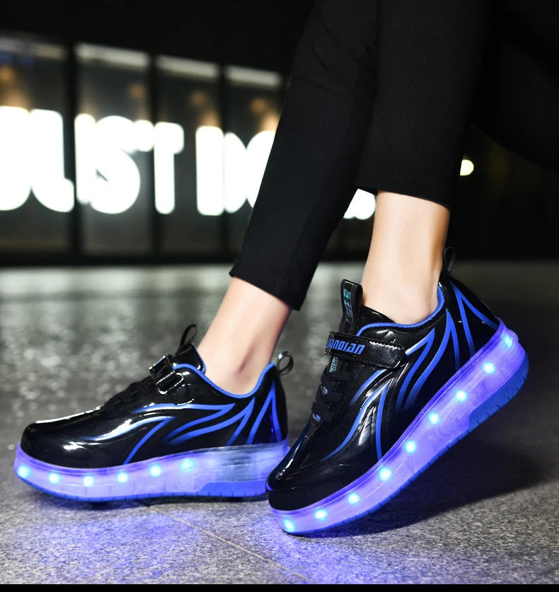 YUNICUS Led Light Boys Girls Shoe USB Charging Black Two Wheels Luminous Sneakers Roller Skate Shoes for Children Kids Led Shoes.
