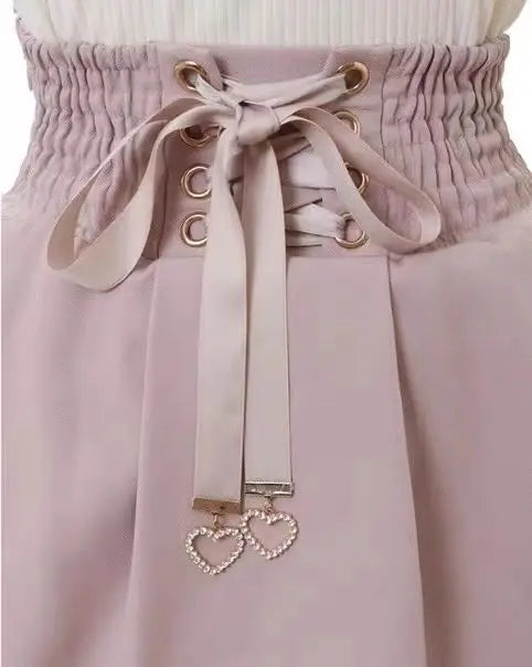 Jirai Kei Sweet Lolita Skort 2024 Summer - Double Bowknot High Waist Short Skirt with Leather Buckle Slim Fit Adjustable Waist.