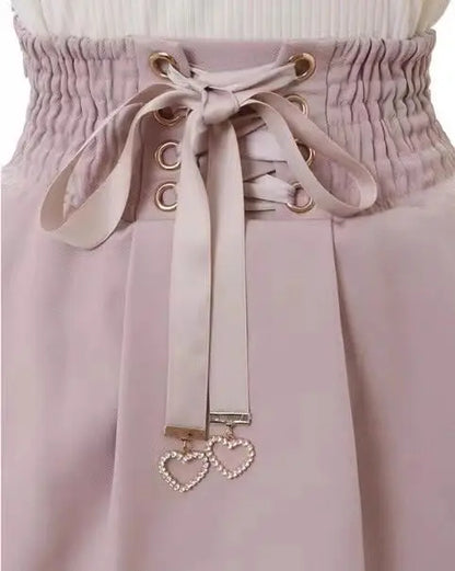 Jirai Kei Sweet Lolita Skort 2024 Summer - Double Bowknot High Waist Short Skirt with Leather Buckle Slim Fit Adjustable Waist.