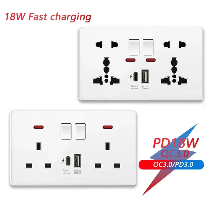 18 W Typ-C-Stecker, Schnellladung, UK 13 A USB-Wandsteckdose, Steckdose mit 3,1 A USB C, universelles Dual-5-Pin-Steckdosenpanel.