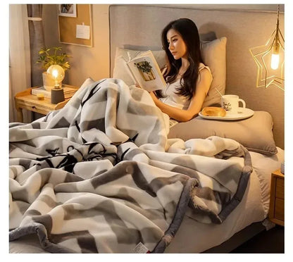 Modern Geometric Cartoon Printed Bedroom Blanket Coral Fleece Dormitory Quilt Thicking Double Layer Multi Purpose Bedding Sheets