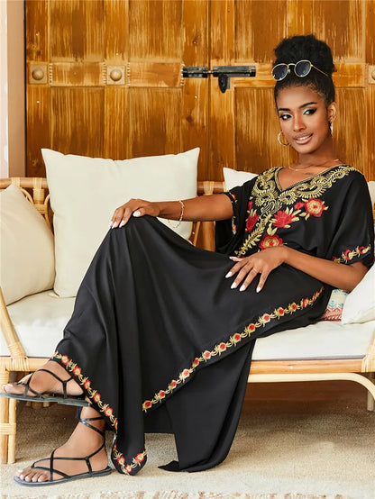 Women Embroidered Kaftan Dress Caftan Loungewear Long Bathing Suit Cover Up Beach Wear Vacation Outfit Loose Summer Women's Robe.