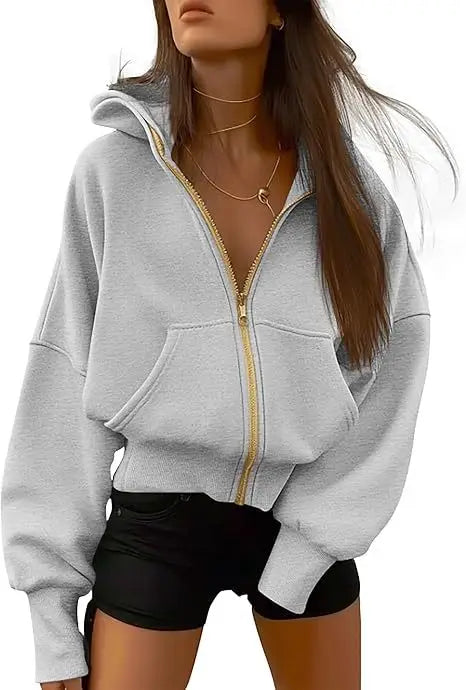 New Solid Color Zipper Splicing Hooded Coat, Women's Autumn Leisure Loose Sports Hooded Long Sleeve Coat Sweatshirt..