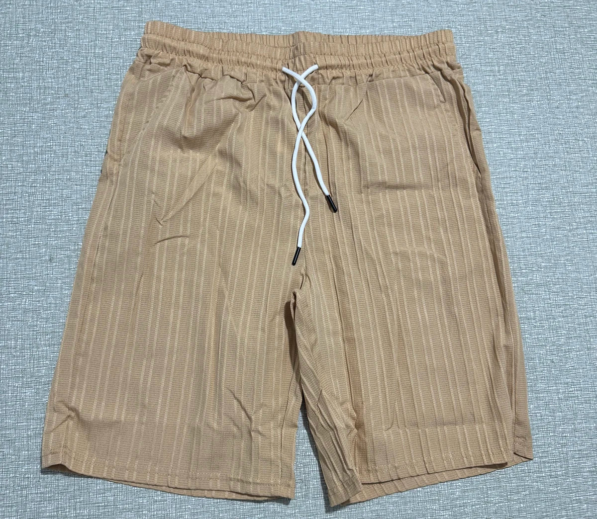 Lazy Street Style Vertical Stripe Slimming Shirt Shorts Two-piece Set No Need To Pair With Autumn Men's Thin Knit Sports Suit.