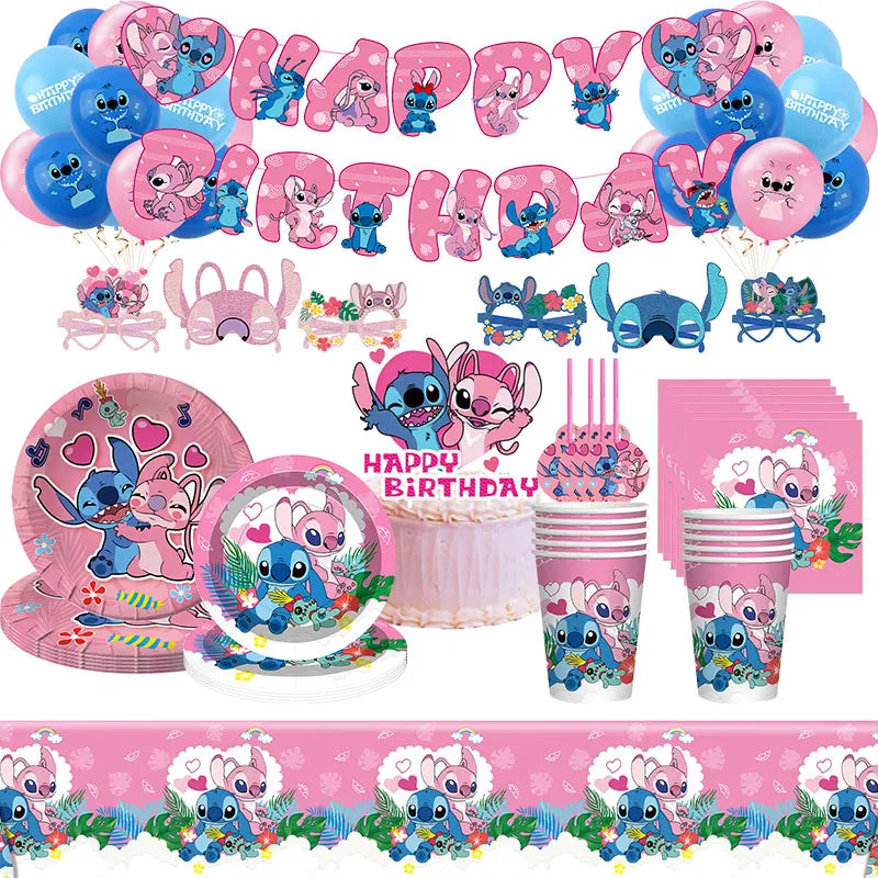 Disney Rosa Stich Geburtstag Party Dekorationen Geschirr Set Tischdecke Hintergrund Banner Für Kinder Geburtstag Dekorationen Lieferungen.