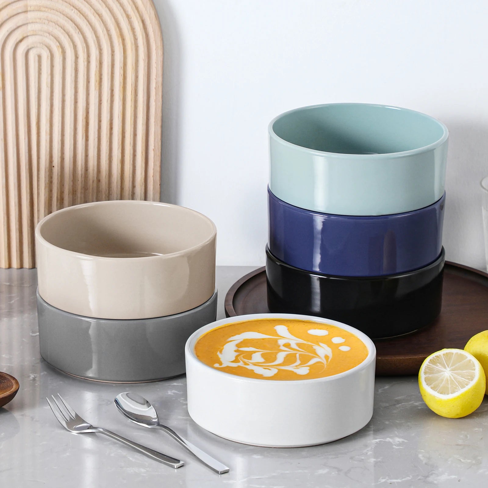 VANCASSO 6Piece Beige/WHITE/BLUE/Dark Blue/GREY/Black Stoneware Tableware Set with Dinner/Dessert Plate/Bowl For 6 Person.