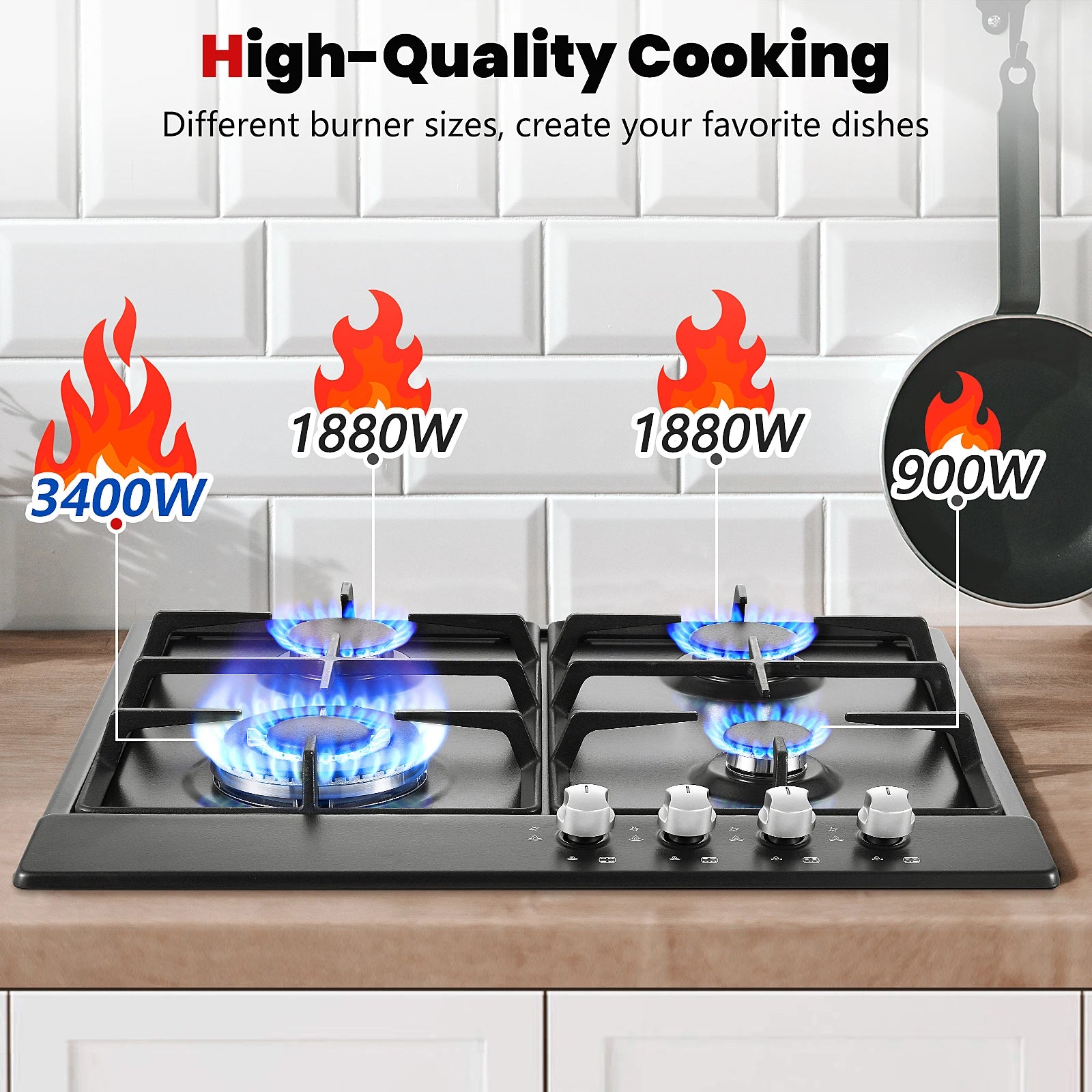 4 Burners Black Enamelled Plate 58 cm Automatic Flame Protection, Natural Gas and Propane Gas, Built-in Gas Hob.
