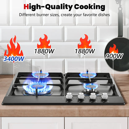 4 Burners Black Enamelled Plate 58 cm Automatic Flame Protection, Natural Gas and Propane Gas, Built-in Gas Hob.