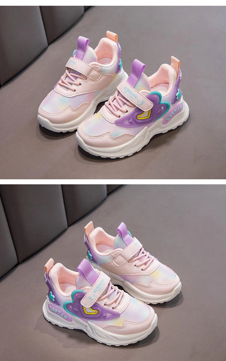 Girls Sports Shoes Kids Running Shoes Pink Breathable Air Mesh Heart Sweet Sneakers Cute Hook & Loop Children's Casual  Shoes.