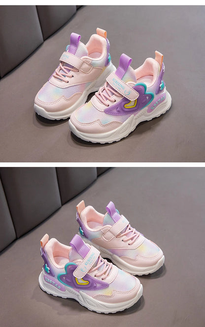 Girls Sports Shoes Kids Running Shoes Pink Breathable Air Mesh Heart Sweet Sneakers Cute Hook & Loop Children's Casual  Shoes.