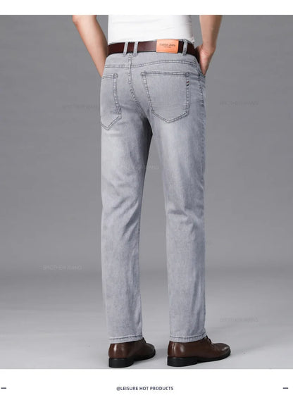 Brand Men's Fashion Summer Thin Jeans Comfortable Stretch Cotton Business Straight Casual Denim Pants Light Gray Blue Pants.