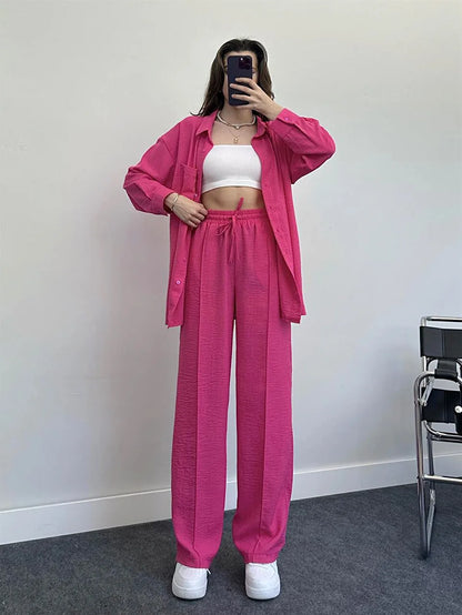 New Autumn Red Women Casual Two-piece Set, Features A Thin Long-sleeved Lapel Shirt Paired with Matching Drawstring Trousers.