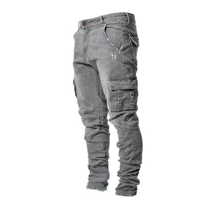 Männer Straße elastische Jeans Jeans waschen einfarbige Multi-Taschen Cargo hose lässig Slim Fit täglich tragen Jogger mittlere Taille Hose.