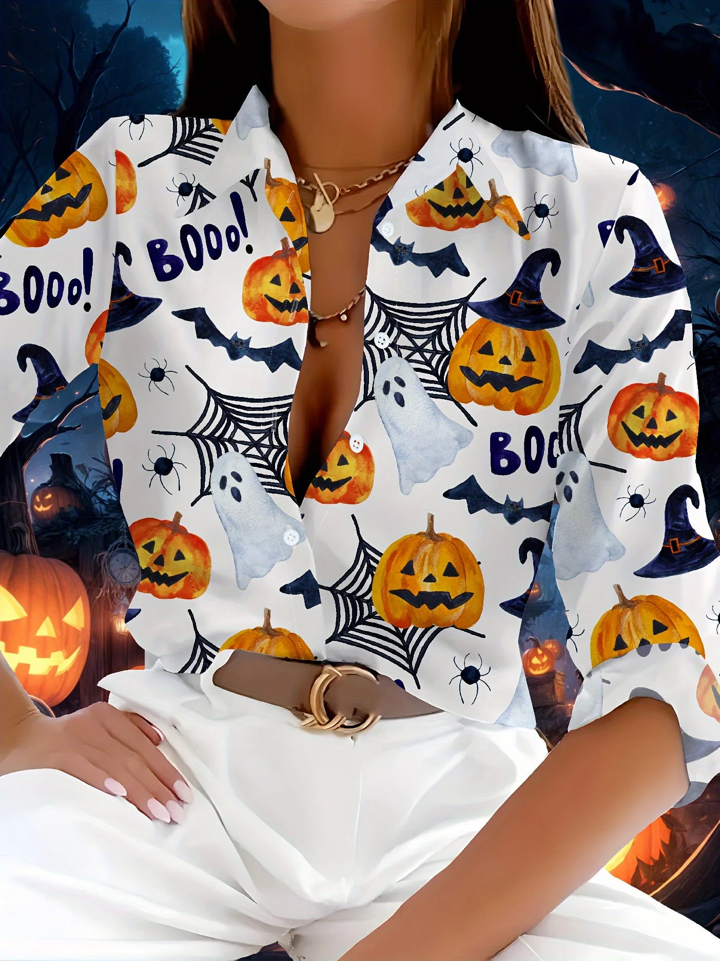 Women's Halloween skull shirt gothic style top button front shirt suitable for party wear casual wear.