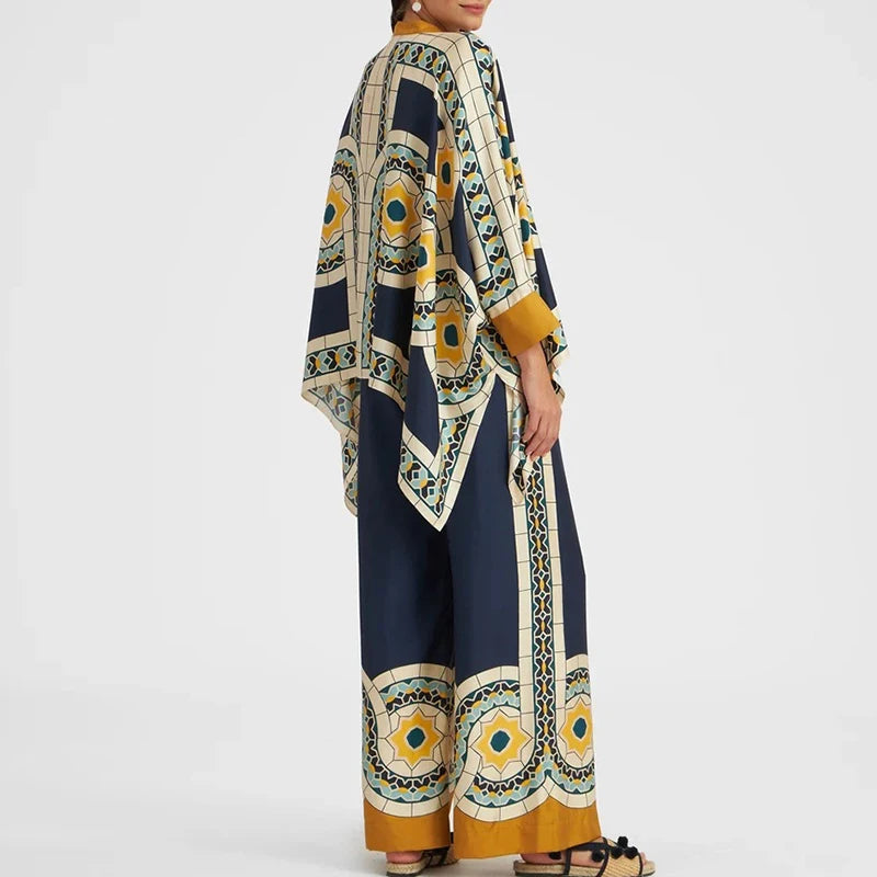 Retro Printed Loose Indie Folk Outfit Women Spring Stand Collar Button Irregular Top+Pant Set Fall Batwing Long Sleeve 2pcs Suit.