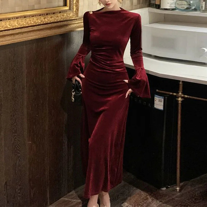 Internet Celebrity High-End-Samtkleid Leichtes, temperamentvolles, hoch tailliertes, schlankes, burgunderrotes Fischschwanzkleid.