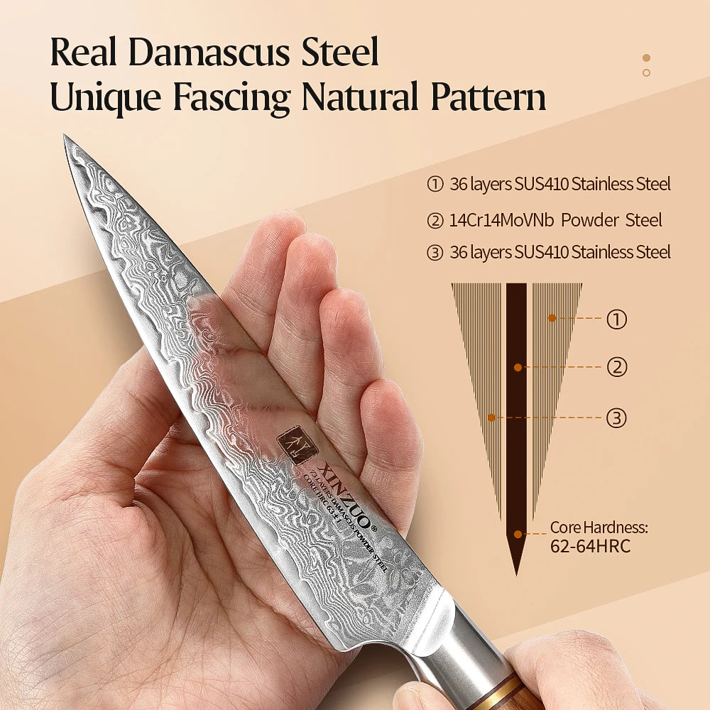 XINZUO 1-8pcs Kitchen Knife Set 73 Layers Custom Damascus Steel 15°±1 Per Side Steel Blade with Olive Wood Handle.