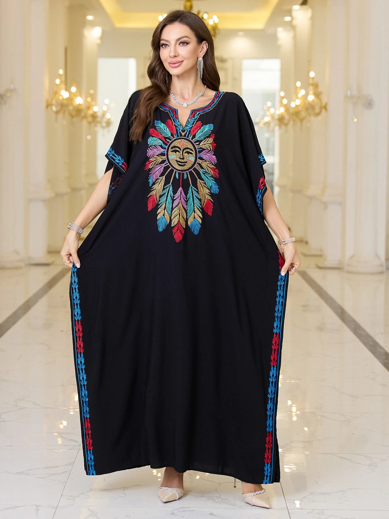 2025 Indie Folk Schnürung V-Ausschnitt Fledermausärmel Sommer Strandkleid Tunika Damen Beachwear Kaftan Maxikleid Robe Sarong Q775