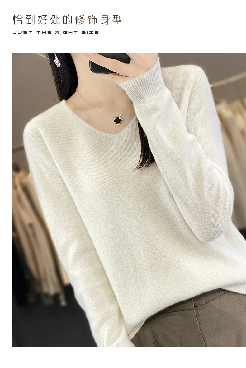Women 100% Merino Wool Sweater V-Neck Basic Pullover Autumn Winter Cashmere Clothing Long Sleeve Soft Knitwear Tops Solid Color