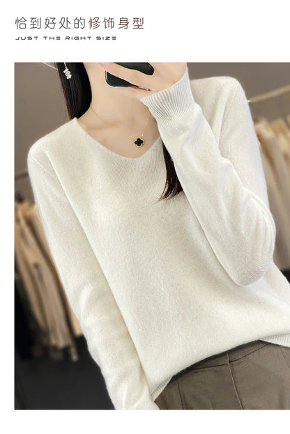 Women 100% Merino Wool Sweater V-Neck Basic Pullover Autumn Winter Cashmere Clothing Long Sleeve Soft Knitwear Tops Solid Color