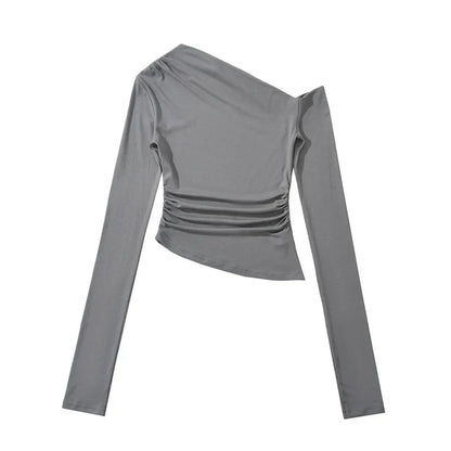 Slim Fit Long Sleeve T-Shirt Irregular Hem Slant Collar Pleated Pure Desirable Sexy Top for Women Fashionable Autumn New Style.