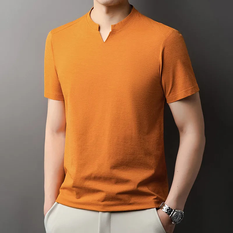 Korean Men's Casual and Fashionable Small V-neck Solid Color Short Sleeved T-shirt Comfortable Summer Versatile Top.