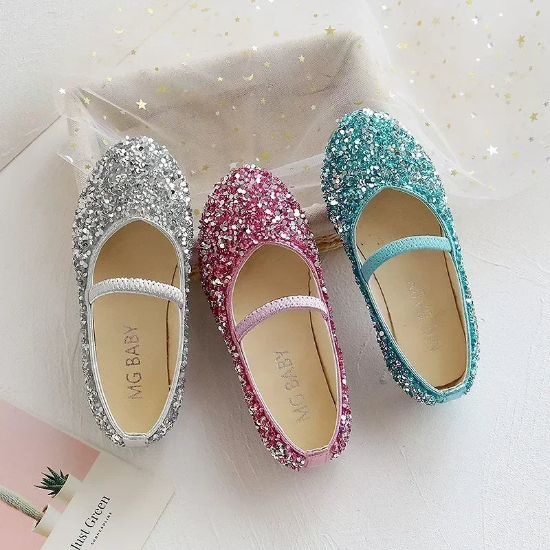 2025 Spring 1 to 12 years old girls dress shoes Beauty Pointed Toe Teen Girl Leather Shoes Bling Princess Wedding Shoes.