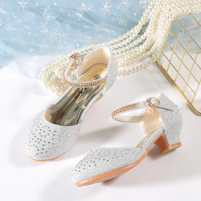 YUNICUS Spring Girls Rhinestone Shiny Princess Shoes Children'S Performance Crystal Shoes Little Girls low Heel Single Shoes.