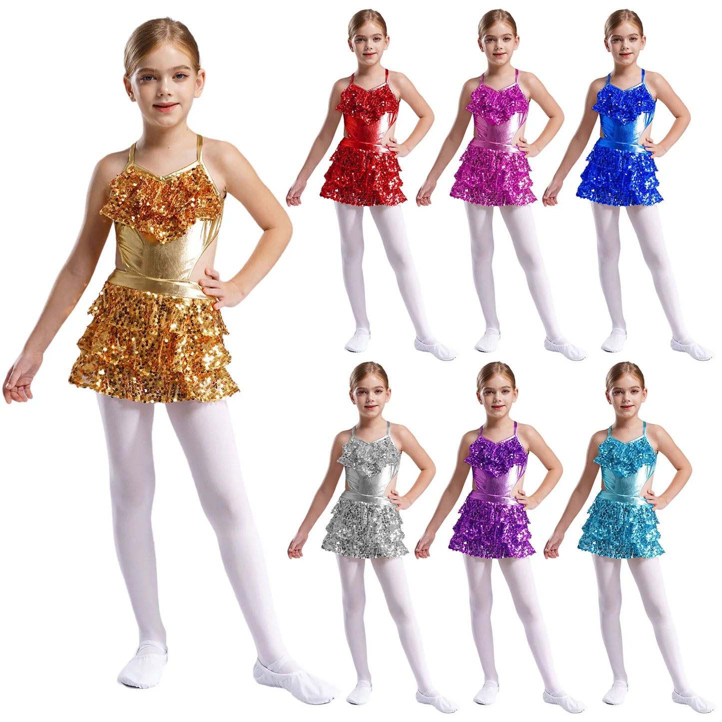 Teenager Mädchen Cha-Cha Jazz Latin Dance Samba Rumba Tango Performance Kostüm ärmelloses metallisch glänzendes Pailletten-Bodykleid mit Ausschnitt.