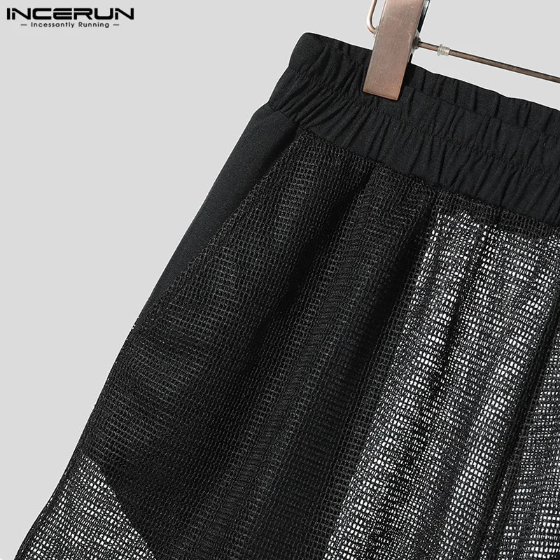 Men Short Sets Fashion Hollow Out INCERUN Two-piece Suits  Men's Sets Streetwear Short Sleeve Tops Shorts Men's Clothing Summer.