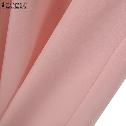 ZANZEA Fashion Women Casual Trousers Suits 2PCS Autumn Long Sleeve Blouse Solid Wide Leg Pants Sets Loose Work Tracksuit Outifit